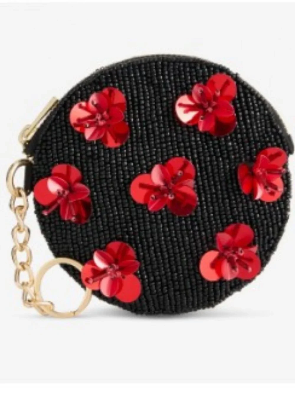 On 34th beaded round coin purse pouch for women girls -Black with red 3D flowers
